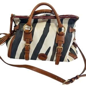 Dooney Bourke Zebra Tan Brown Florentine Leather Canvas Satchel Tassel Tote Bag